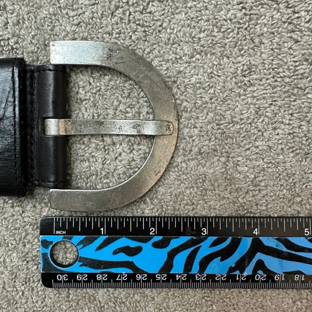 AD Black Braided Leather Belt Size 85 Wide Silver Horseshoe Buckle Boho